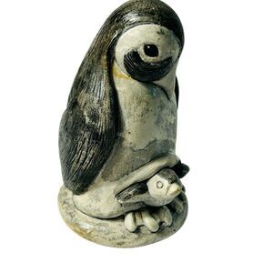 Vintage Bekka Penguin Figurine Volcanic Ash Sculpture Mom Baby 4.5"